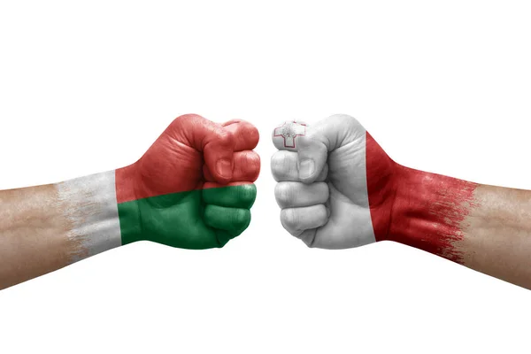 Two Hands Punch Each Others White Background Country Flags Painted — 图库照片