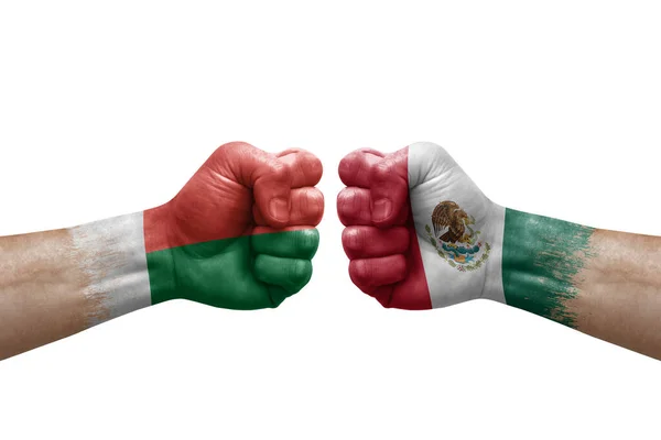 Two Hands Punch Each Others White Background Country Flags Painted — Stok fotoğraf