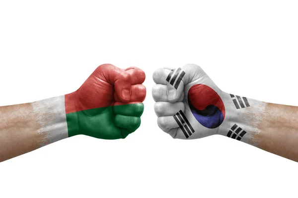 Two Hands Punch Each Others White Background Country Flags Painted — Stock Fotó