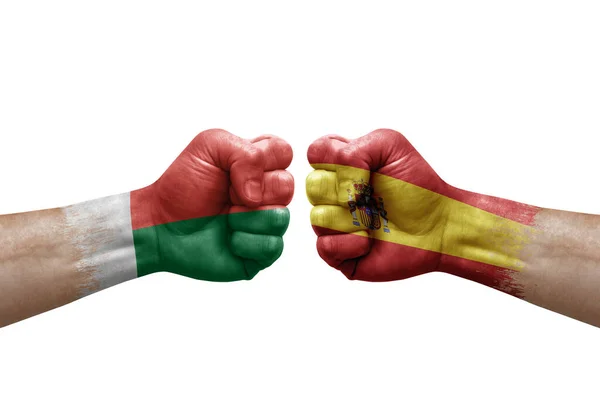 Two Hands Punch Each Others White Background Country Flags Painted — Stock Fotó