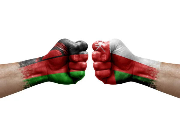 Two Hands Punch Each Others White Background Country Flags Painted — Stock Photo, Image