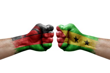 Two hands punch to each others on white background. Country flags painted fists, conflict crisis concept between malawi and sao tome and principe