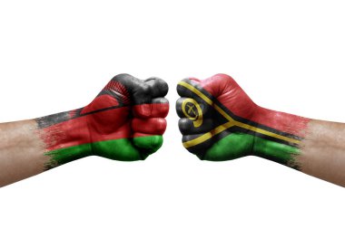 Two hands punch to each others on white background. Country flags painted fists, conflict crisis concept between malawi and vanuatu