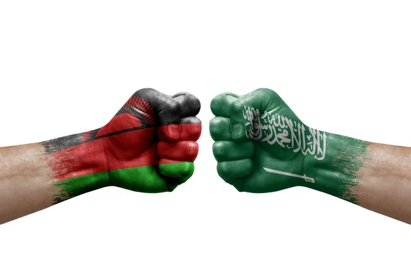 Two Hands Punch Each Others White Background Country Flags Painted — Fotografia de Stock