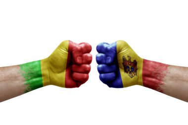 Two hands punch to each others on white background. Country flags painted fists, conflict crisis concept between mali and moldova