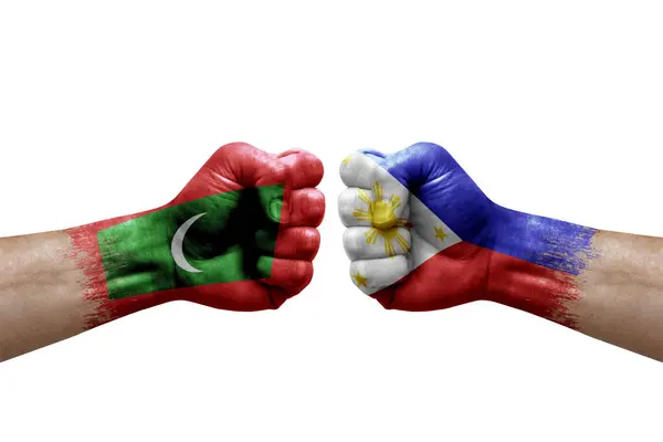 Two Hands Punch Each Others White Background Country Flags Painted — Stock fotografie