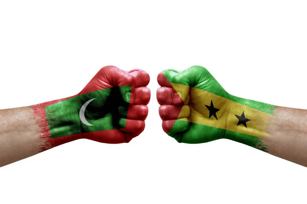 Two Hands Punch Each Others White Background Country Flags Painted — Stockfoto