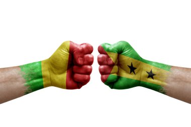 Two hands punch to each others on white background. Country flags painted fists, conflict crisis concept between mali and sao tome and principe