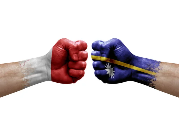 Two Hands Punch Each Others White Background Country Flags Painted — Stock Photo, Image