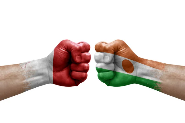 Two Hands Punch Each Others White Background Country Flags Painted — Fotografia de Stock