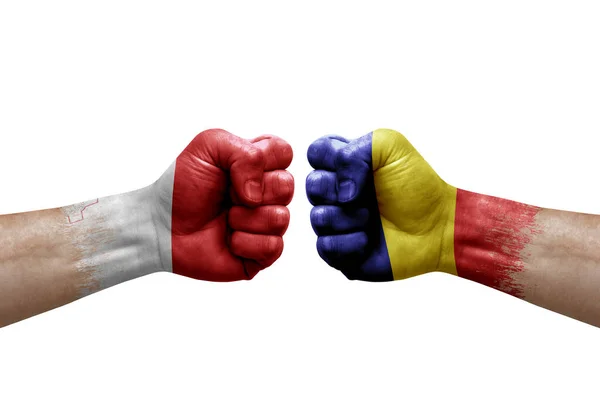 Two Hands Punch Each Others White Background Country Flags Painted — Stock Photo, Image