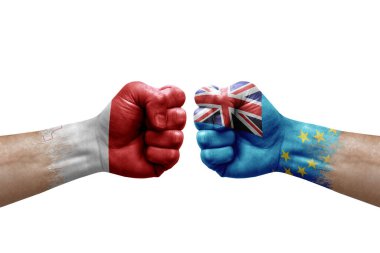 Two hands punch to each others on white background. Country flags painted fists, conflict crisis concept between malta and tuvalu