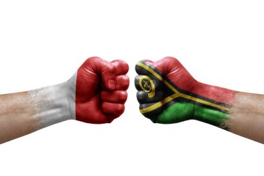 Two hands punch to each others on white background. Country flags painted fists, conflict crisis concept between malta and vanuatu