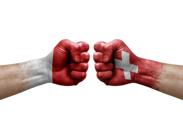 Two Hands Punch Each Others White Background Country Flags Painted — Zdjęcie stockowe