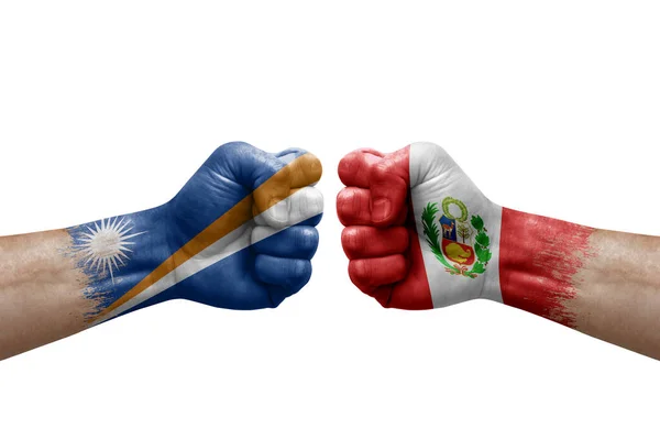 Two Hands Punch Each Others White Background Country Flags Painted — Stock Photo, Image