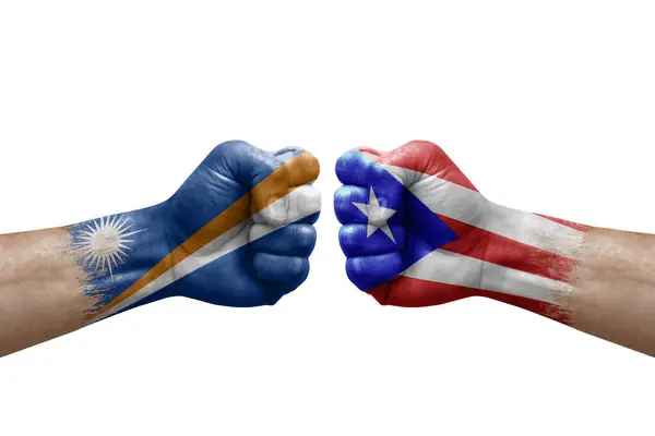 Two Hands Punch Each Others White Background Country Flags Painted — Foto Stock