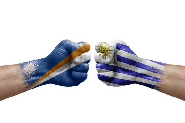 Two Hands Punch Each Others White Background Country Flags Painted — Stockfoto