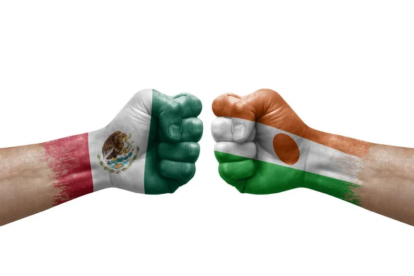 Two Hands Punch Each Others White Background Country Flags Painted — Fotografia de Stock