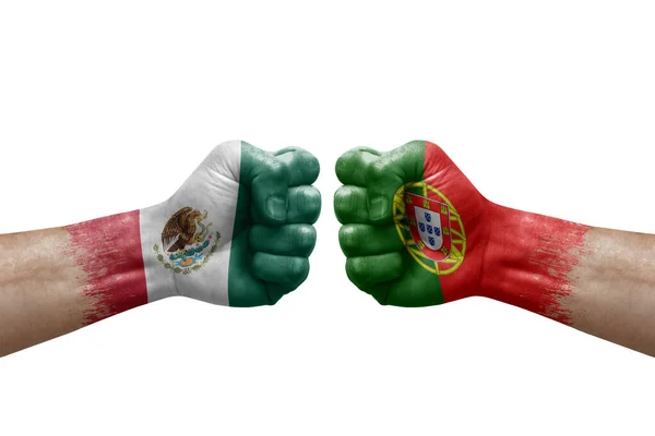 Two Hands Punch Each Others White Background Country Flags Painted — Foto de Stock