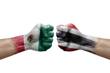 Two hands punch to each others on white background. Country flags painted fists, conflict crisis concept between mexico and thailand