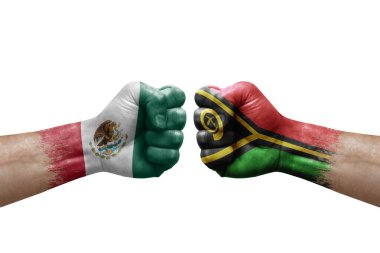 Two hands punch to each others on white background. Country flags painted fists, conflict crisis concept between mexico and vanuatu