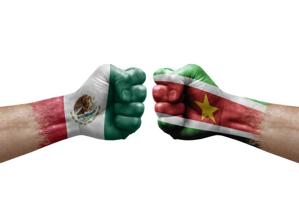 Two Hands Punch Each Others White Background Country Flags Painted —  Fotos de Stock