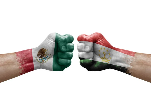 Two Hands Punch Each Others White Background Country Flags Painted — Stock fotografie