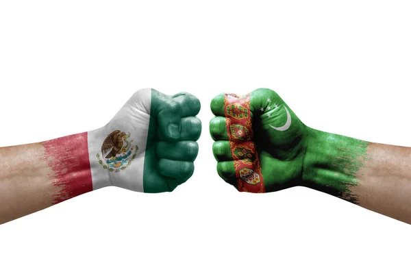 Two Hands Punch Each Others White Background Country Flags Painted — Stock Photo, Image