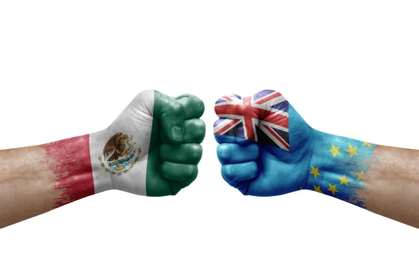 Two Hands Punch Each Others White Background Country Flags Painted — Fotografia de Stock