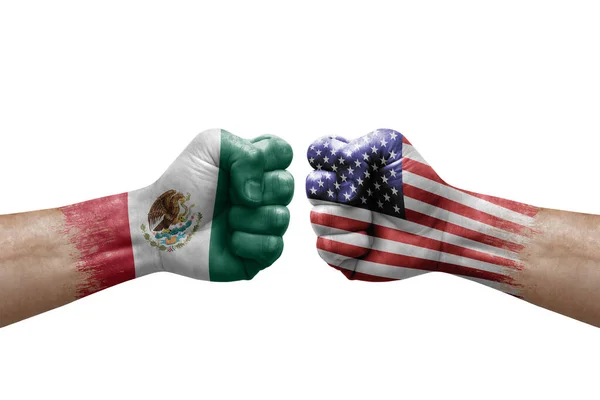 Two Hands Punch Each Others White Background Country Flags Painted — Stok fotoğraf