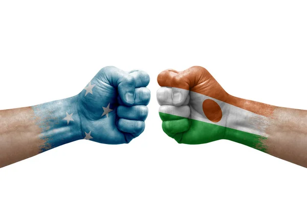 Two Hands Punch Each Others White Background Country Flags Painted — Stockfoto