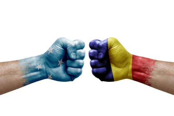 Two Hands Punch Each Others White Background Country Flags Painted — Foto Stock