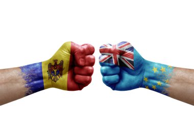 Two hands punch to each others on white background. Country flags painted fists, conflict crisis concept between moldova and tuvalu
