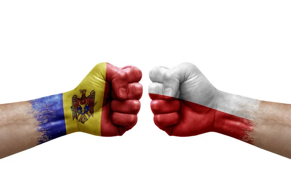 Two Hands Punch Each Others White Background Country Flags Painted — Stock fotografie