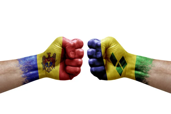 Two Hands Punch Each Others White Background Country Flags Painted — Stock Photo, Image