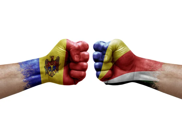 Two Hands Punch Each Others White Background Country Flags Painted — Stockfoto