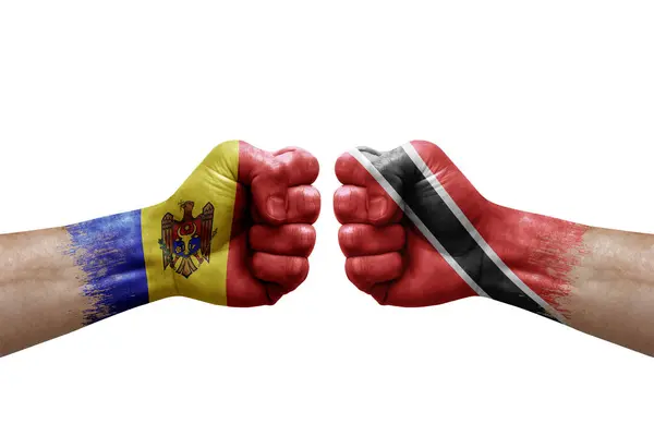 Two Hands Punch Each Others White Background Country Flags Painted — Fotografia de Stock