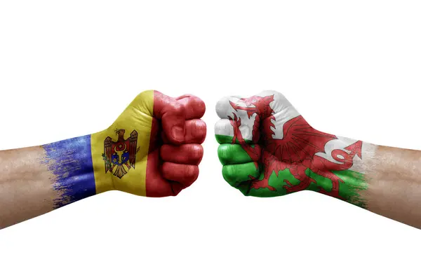 Two Hands Punch Each Others White Background Country Flags Painted — Stock Photo, Image