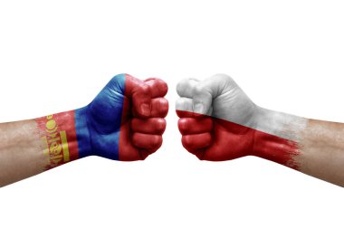 Two hands punch to each others on white background. Country flags painted fists, conflict crisis concept between mongolia and poland