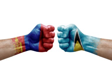 Two hands punch to each others on white background. Country flags painted fists, conflict crisis concept between mongolia and saint lucia