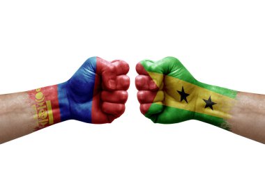 Two hands punch to each others on white background. Country flags painted fists, conflict crisis concept between mongolia and sao tome and principe