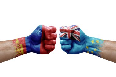 Two hands punch to each others on white background. Country flags painted fists, conflict crisis concept between mongolia and tuvalu