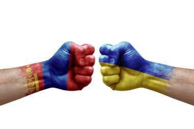 Two hands punch to each others on white background. Country flags painted fists, conflict crisis concept between mongolia and ukraine
