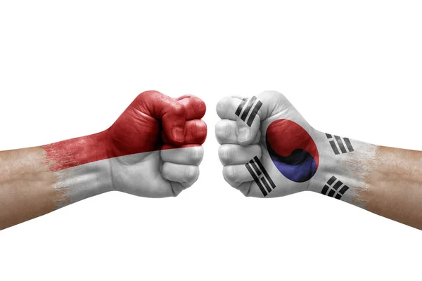 Two Hands Punch Each Others White Background Country Flags Painted — 图库照片