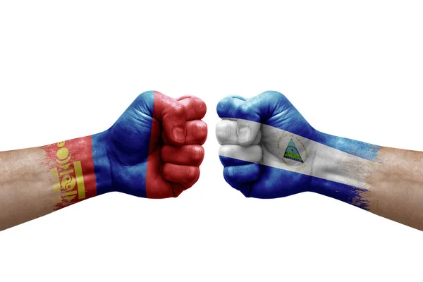 Two Hands Punch Each Others White Background Country Flags Painted — Foto de Stock