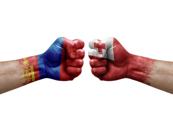 Two Hands Punch Each Others White Background Country Flags Painted — Fotografia de Stock