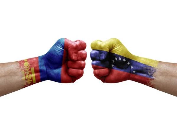 Two Hands Punch Each Others White Background Country Flags Painted — Stockfoto