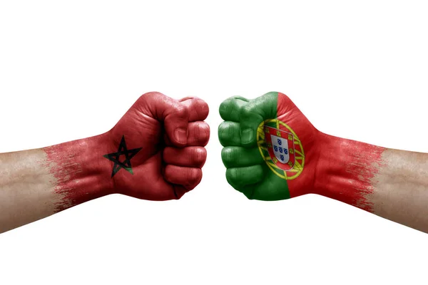 Two Hands Punch Each Others White Background Country Flags Painted — Stock Fotó