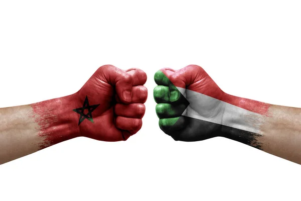 Two Hands Punch Each Others White Background Country Flags Painted — Foto de Stock