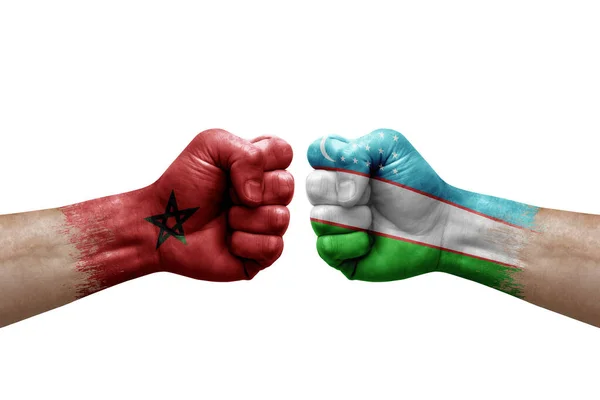 Two Hands Punch Each Others White Background Country Flags Painted — Stock Fotó